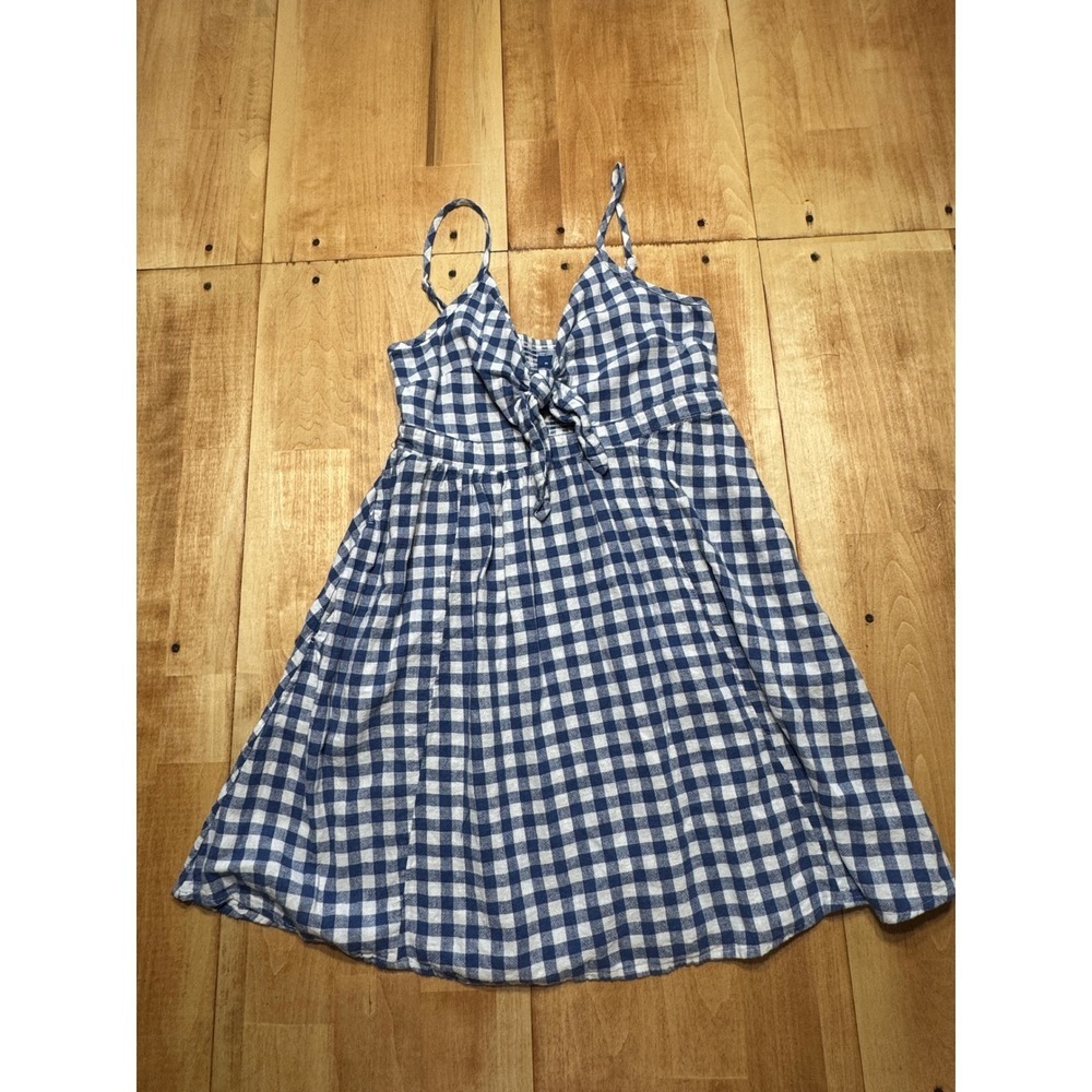 Old Navy Blue White Gingham Tie Front Fit‎ Summer Dress Womens Medium Pockets